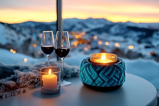 Table by a window with a view, set with wine glasses and a lit candle, creating an intimate dining scene