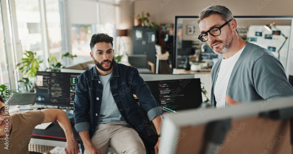 Poster Programmer, teamwork and presentation with business people in office for website developer, coding and review. Mentor, collaboration and software engineer with group of employees in tech startup
