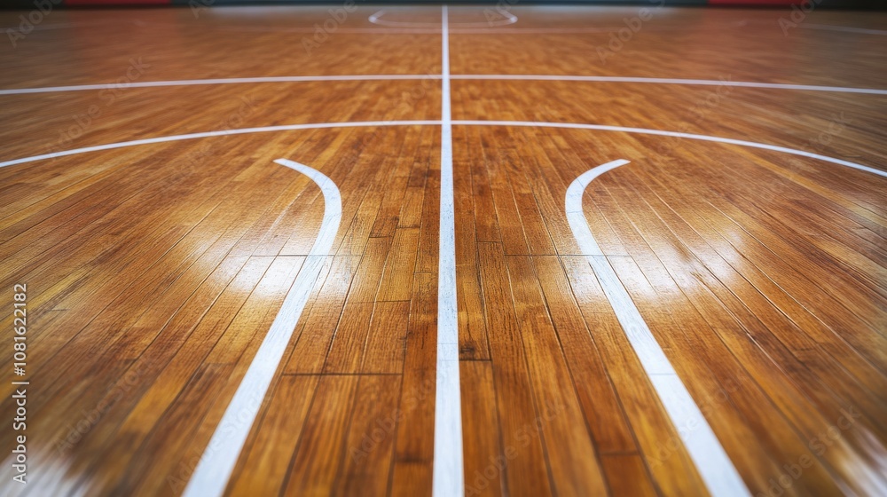 Poster a basketball court's three-point line with a focus on the painted arc and wood texture, indoor setti