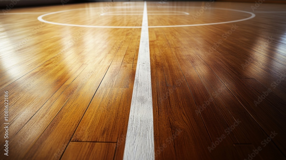 Poster a basketball court's three-point line with a focus on the painted arc and wood texture, indoor setti