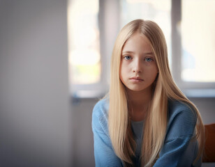 問題を抱え思い悩むブロンドヘアの10代の少女、いじめや登校拒否のコンセプト