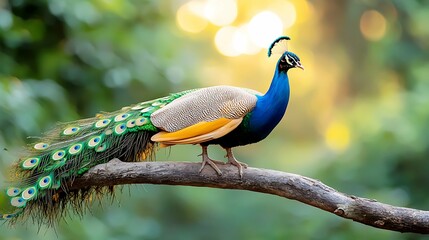 The peacock perched gracefully on a sturdy branch, its vibrant feathers shimmering in the sunlight as it proudly displays its stunning array of colors.