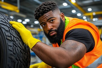 Worker checking quality on an assembly line, with safety gear and a focused expression