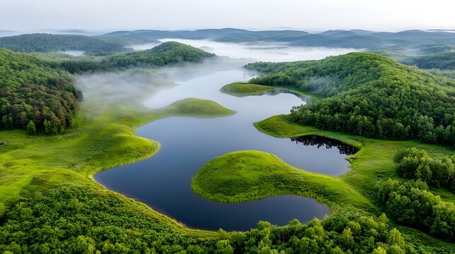 The misty morning view of Karula National Park in Estonia is a breathtaking sight to behold, with its lush greenery and numerous lakes shrouded in a soft veil of fog