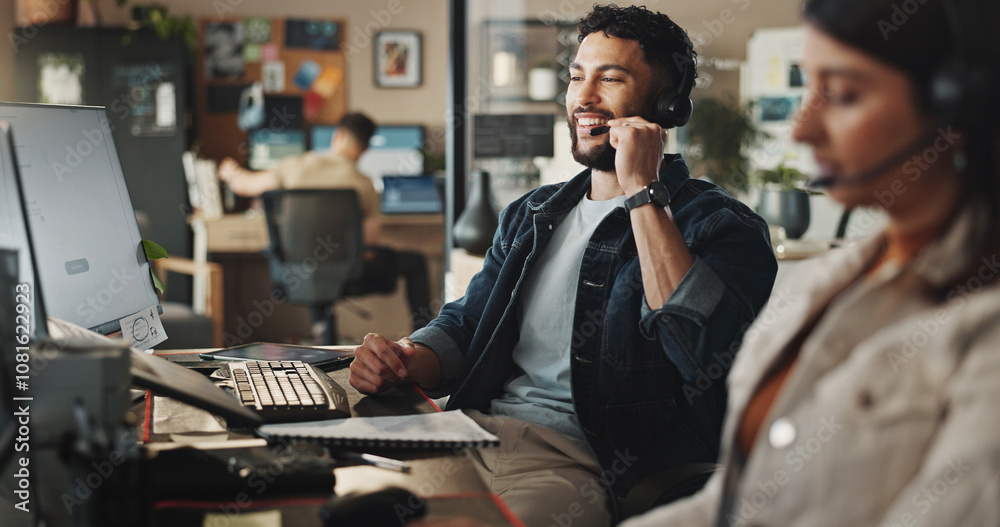 Poster happy man, agent or tech support with headphones at call center for web navigation or technical serv