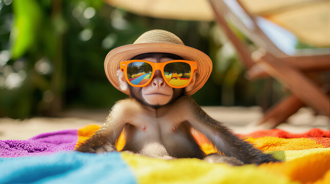 Cute monkey wearing sunglasses on the beach during vacation 