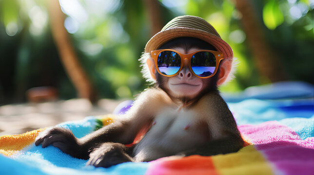 Cute monkey wearing sunglasses on the beach during vacation 