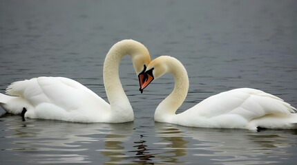 Fototapeta premium Two graceful white swans float on a calm, gray lake, their long necks curved to create a perfect heart shape