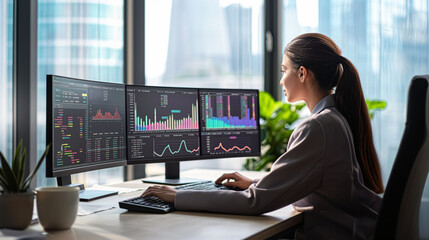 Woman analyzing financial data on multiple screens in a modern office with soft daylight