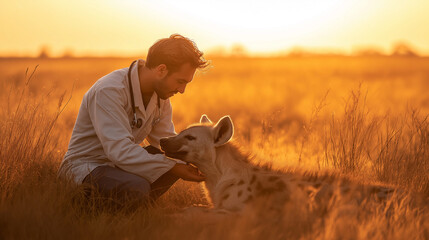 Veterinarian preparing to treat a tranquilized hyena on open plains, cautious expression, soft morning light