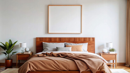 Minimalistic light bedroom with blank white wall art mockup.Blank Scandinavian interior poster template for your design,illustration or seamless pattern.