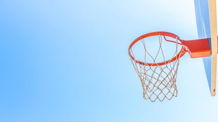 A basketball hoop and net against the sky, outdoor setting under sunlight, Minimalist style