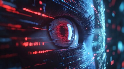 A close-up of a digital eye with red and blue lines streaming across it.