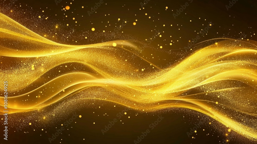 Wall mural golden new year celebration background with abstract flowing waves and glittering sparkling particle