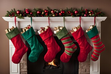 A row of colorful christmas stockings hanging from a fireplace, Ai Generated