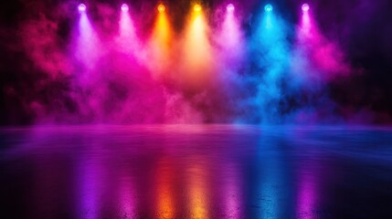 Fototapeta premium Colorful spotlights shine on a dark, smoky stage.