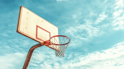 A basketball hoop with backboard and clear sky, outdoor setting in the afternoon, Dynamic style