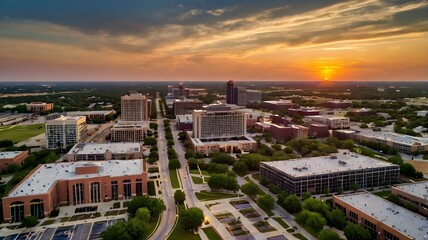 Aerial View of the Plano, Texas Business District during Summer Sunset.