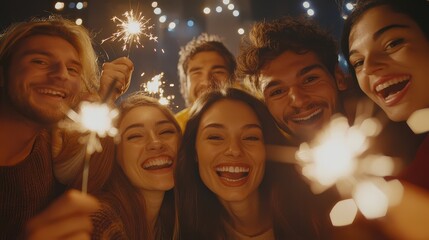 Fototapeta premium Excited group of friends enjoying a virtual video call celebration while holding sparklers in a festive atmosphere, creating joyful memories together.