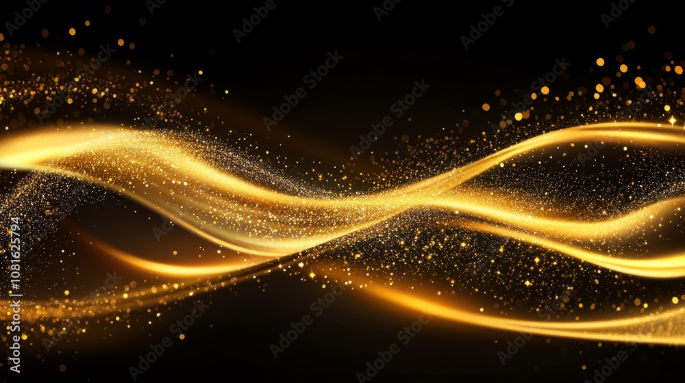 Poster golden new year celebration background with abstract flowing waves and glittering sparkling particle