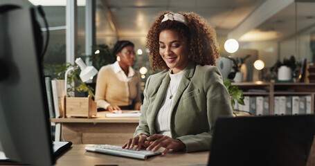 Fototapeta premium Happy woman, call center consultant and typing on computer for telemarketing, support or business advice. Help, sales agent and keyboard for customer service, contact us or crm at night on deadline