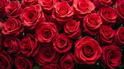 Close-up of a lush bouquet of deep red roses, filling the frame with their velvety petals and creating a romantic, luxurious feel