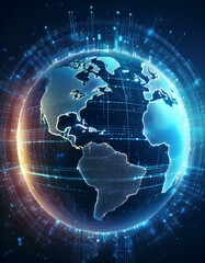 Naklejka premium Global Fintech Innovation: Futuristic Planet Hologram with Digital Data Diagram