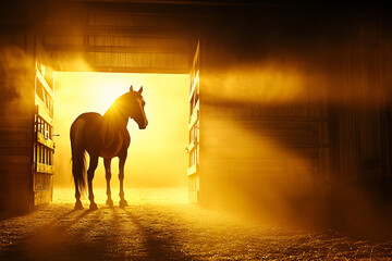 Horse silhouette, glowing light through barn door, silhouette of horse in a barn at sunset, peaceful end of day