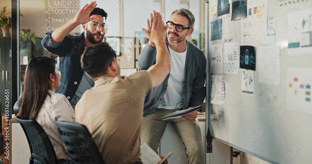 Poster Teamwork, high five and brainstorming with business people in meeting for coding workshop, cyber security and success. Collaboration, support and mentor with group of developers in tech startup