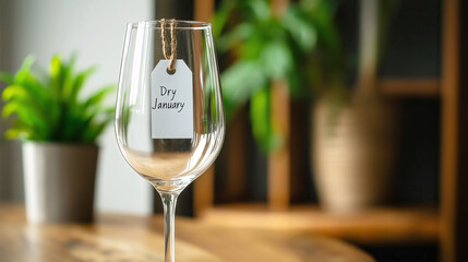 DRY JANUARY concept: empty wine glass with tag and green plant in background