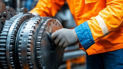 A worker in an orange safety vest inspecting a large metal machine part