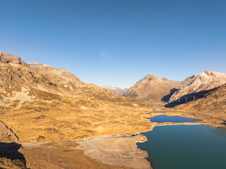 Aerial view of the fall scenery around the Bernina Pass in Grisons, Switzerland