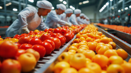 Food factory workers organize and inspect apples and tomatoes in a clean processing area