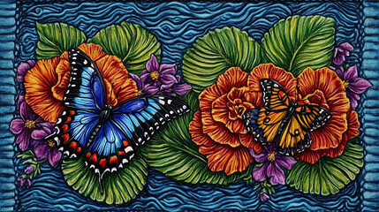 Two butterflies, one blue and one orange, are perched on two bright orange flowers with purple flowers and green leaves in the background.  The background is a blue, wavy pattern.