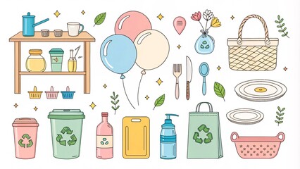 Celebrating Sustainability with Whimsical Vector Art of Plastic-Free Supplies & Eco-Friendly Icons V2
