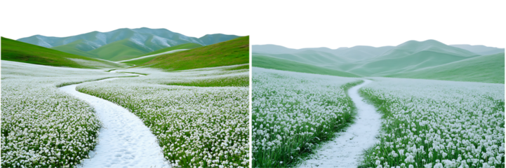 Set of a snowy path with grass and white flowers, isolated on a transparent background.