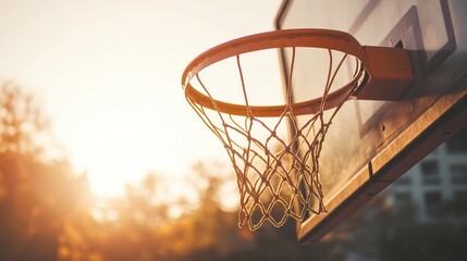 Naklejka premium A basketball hoop's backboard and rim, outdoor setting with sunset backdrop, Urban style