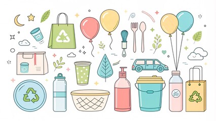 Celebrating Sustainability with Whimsical Vector Art of Plastic-Free Supplies & Eco-Friendly Icons V4