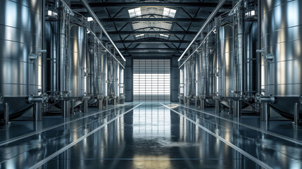 Large metal tanks in an industrial production plant with reflective surfaces and bright lighting