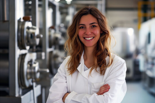 Smiling female factory worker in white coat in organized food processing facility