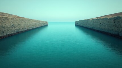 Serene waters between two rocky cliffs under a clear sky.