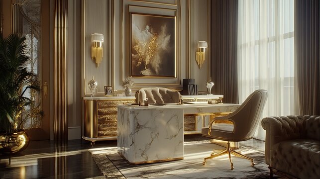 Elegant study space with marble desk, gold accents, velvet armchair, sophisticated decor, soft lighting, and a luxurious vibe 
