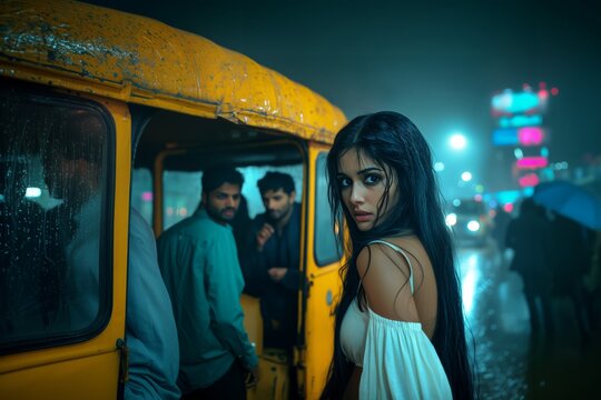 Scared Indian woman Afraid of Strangers, Victim of Eve Teasing and Sexual Harassment , Rude men Catcalling a Female at Night, Stalkers Harassing a Young Girl