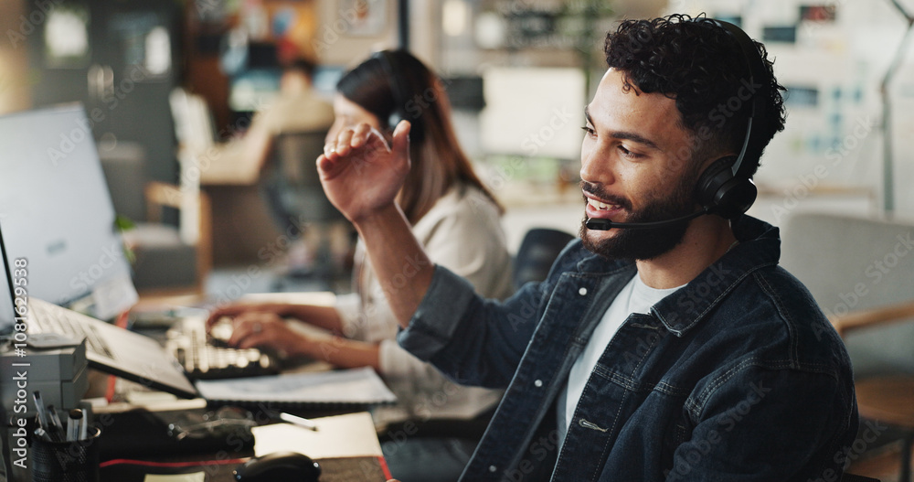 Poster headset, tech support and man in office with discussion, online advice and website management. virtu