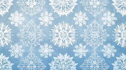 Frosty Elegance: Intricate Snowflake and Geometric Winter Pattern on Light Blue Background for Festive Design