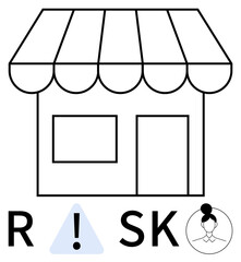 Storefront with awning, door, and window underlined by RISK text with exclamation mark triangle and person icon. Ideal for business, risk management, small business, entrepreneurship, safety