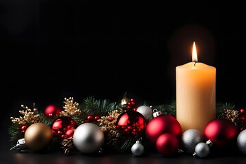 A warm glowing candle surrounded by christmas ornaments on a dark background, AI Generated