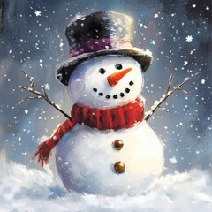 Smiling snowman wearing black hat and scarf, in snowy forest, carrot nose, cute cartoon design, on dark grey background.