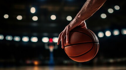 A basketball player's hands dribbling the ball, indoor setting under arena lights, Dynamic style