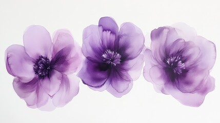 Fototapeta premium Three purple watercolor flowers on a white background.